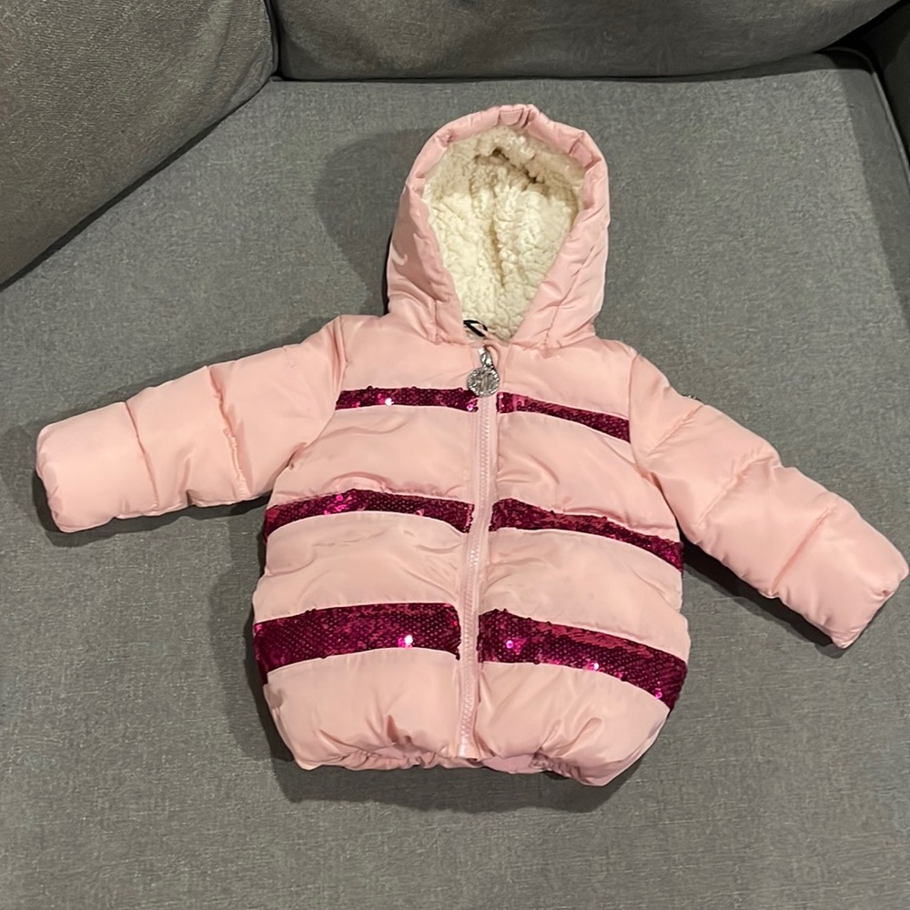 DKNY Pink/ Hot Pink Sequins Hooded Puffer Coat